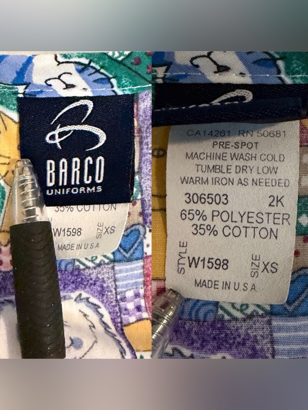 Barco Uniforms Multicolor Patchwork Cat & Dog Print Nursing Scrub Top Women’s XS - Picture 8 of 9